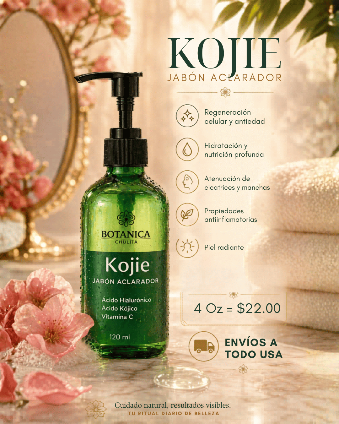 Jabón aclarador Kojie de Botánica de Chulita con ácido kójico, vitamina C y ácido hialurónico para manchas y luminosidad de la piel