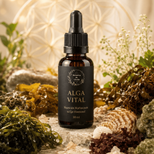 Amber bottle of Alga Vital, an artisanal seaweed tincture by Botánica de Chulita.