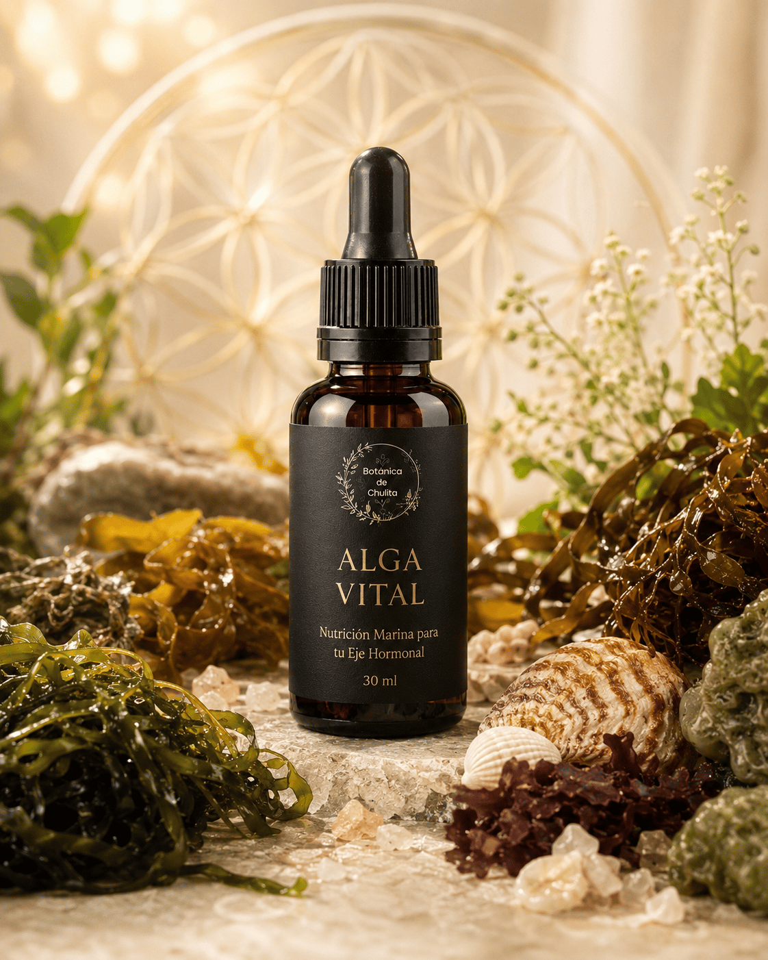 Amber bottle of Alga Vital, an artisanal seaweed tincture by Botánica de Chulita.